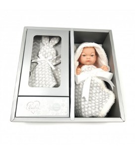 Пупс 25 см, Jia Yue Toys, Біла ковдра-конвертик, рушник у формі зайчика, в коробочці