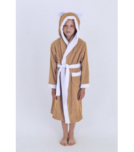 Махровий дитячий халат для хлопчика з капюшоном, 380 г/м2 бежевий+білий на 3 роки (98 - 110 см)