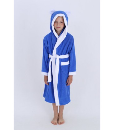 Махровий дитячий халат для хлопчика з капюшоном, 380 г/м2 синій+білий на 7 років (128 – 134 см)