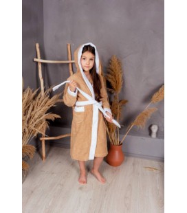 Махровий дитячий халат з капюшоном, 380 г/м2 бежевий+білий на 7 років (128 – 134 см)