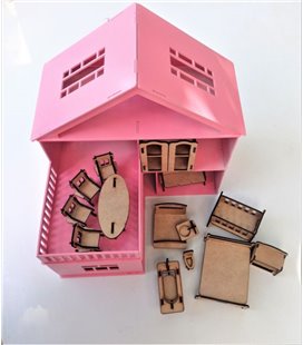 Ляльковий будиночок 3 поверхи з терасою розовий та Меблі для пупса 14 шт