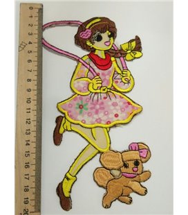 Нашивка клейова текстильна Дівчинка зі скакалкою і собачкою 4009